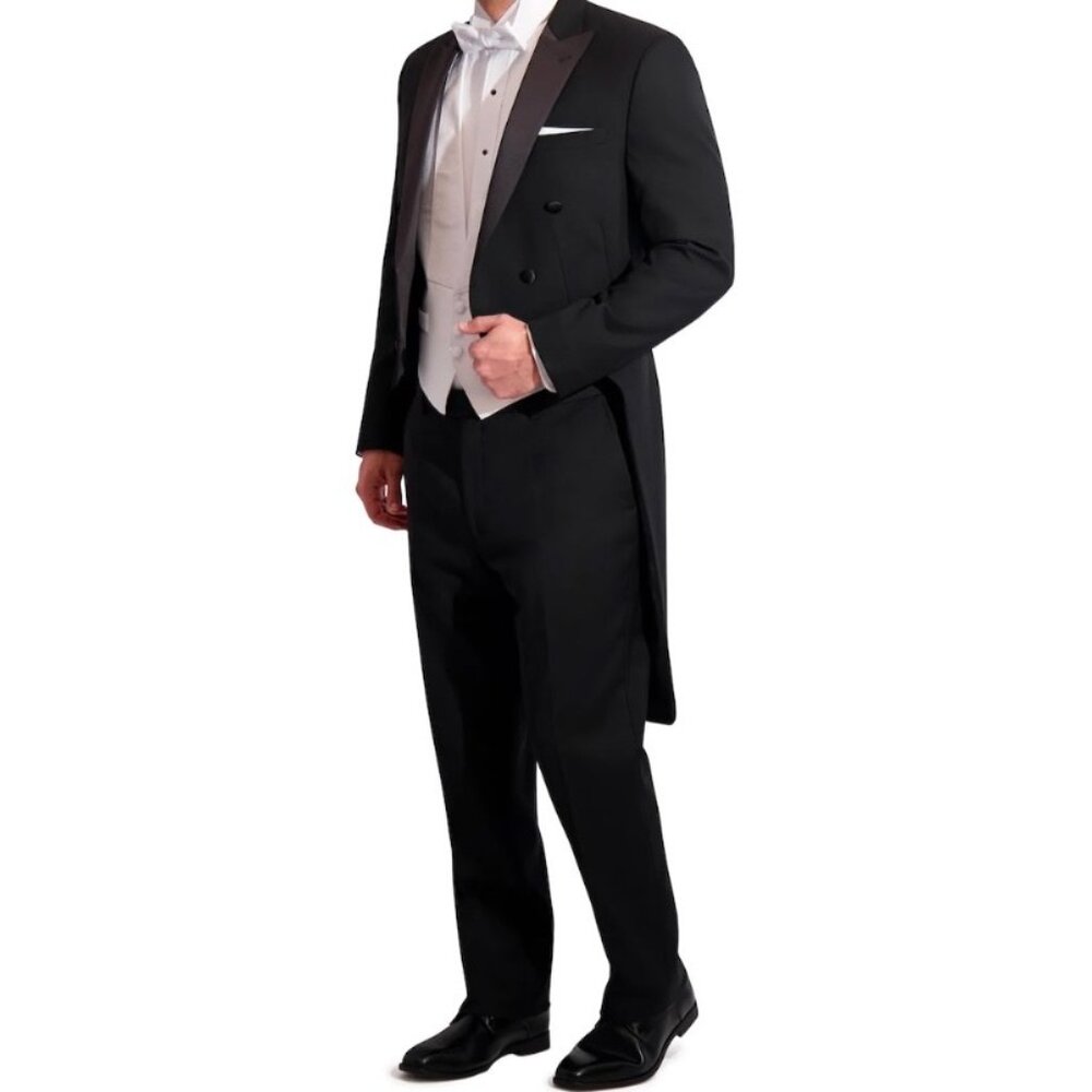 Men's 100% Wool Black Tuxedo Tailcoat with Satin Peak Lapels - Gala Black Tie - Picture 2 of 6
